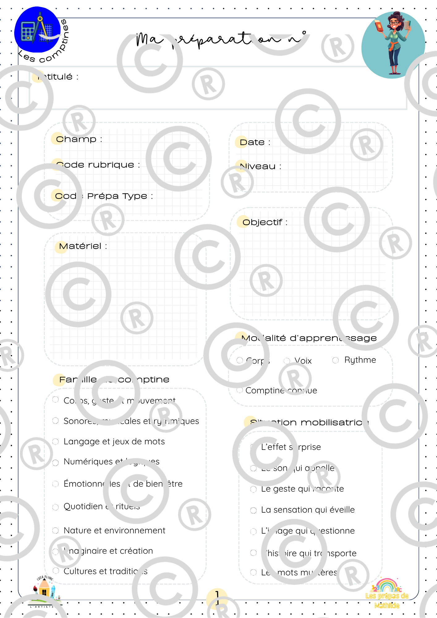 Canevas de pr&eacute;paration vierge : intitul&eacute;, champ, date, niveau, famille de comptine, situation mobilisatrice, modalit&eacute; d'apprentissage
