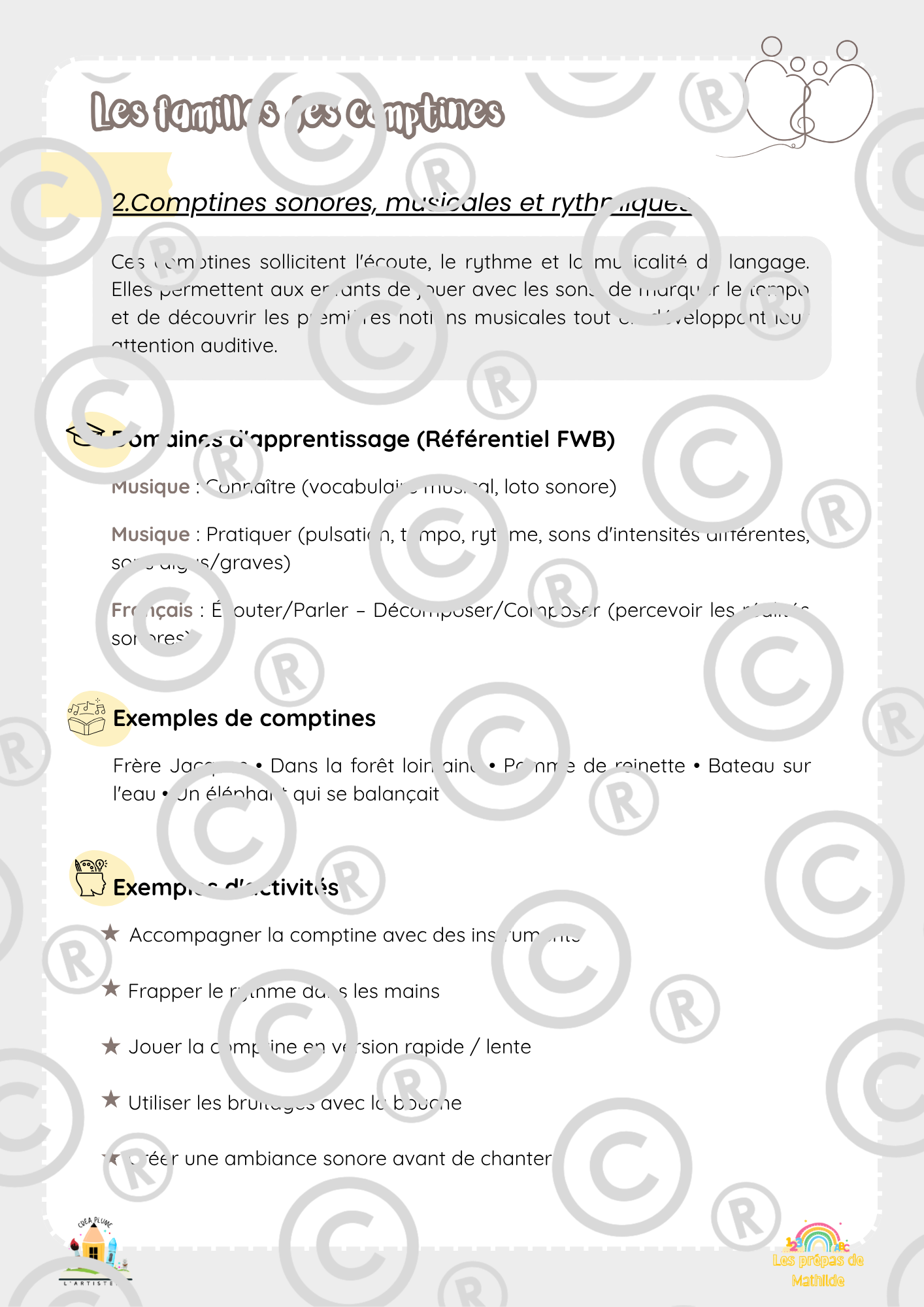 Page intérieure : Famille 2 - Comptines sonores, musicales et rythmiques
