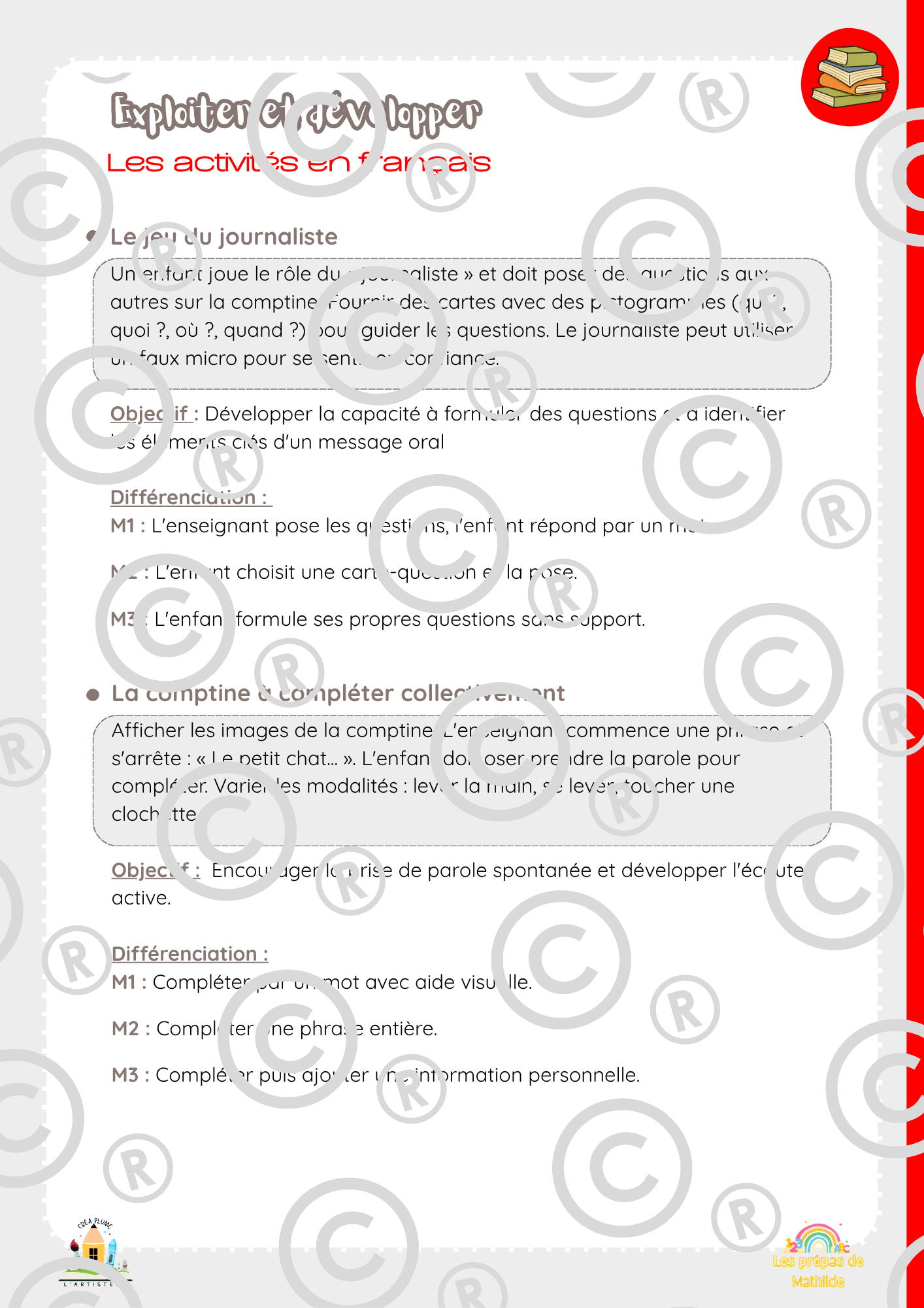 Aperçu concret : activités en français - Le jeu du journaliste et La comptine à compléter, avec différenciation M1/M2/M3