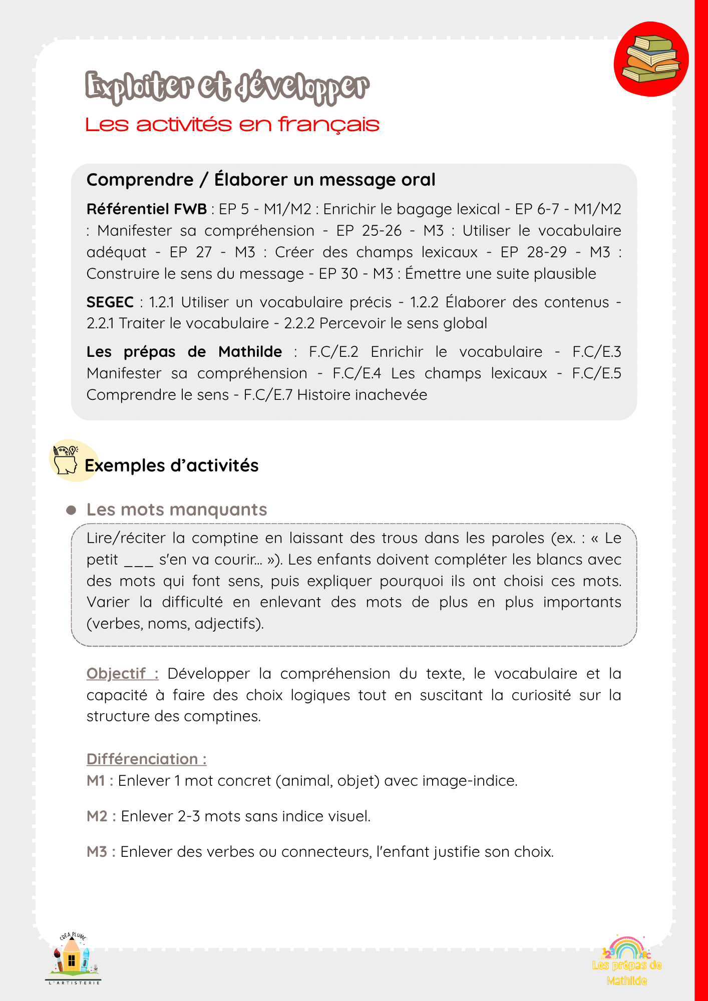 Page intérieure : Activités en français avec codification FWB, SeGEC et Prépas de Mathilde