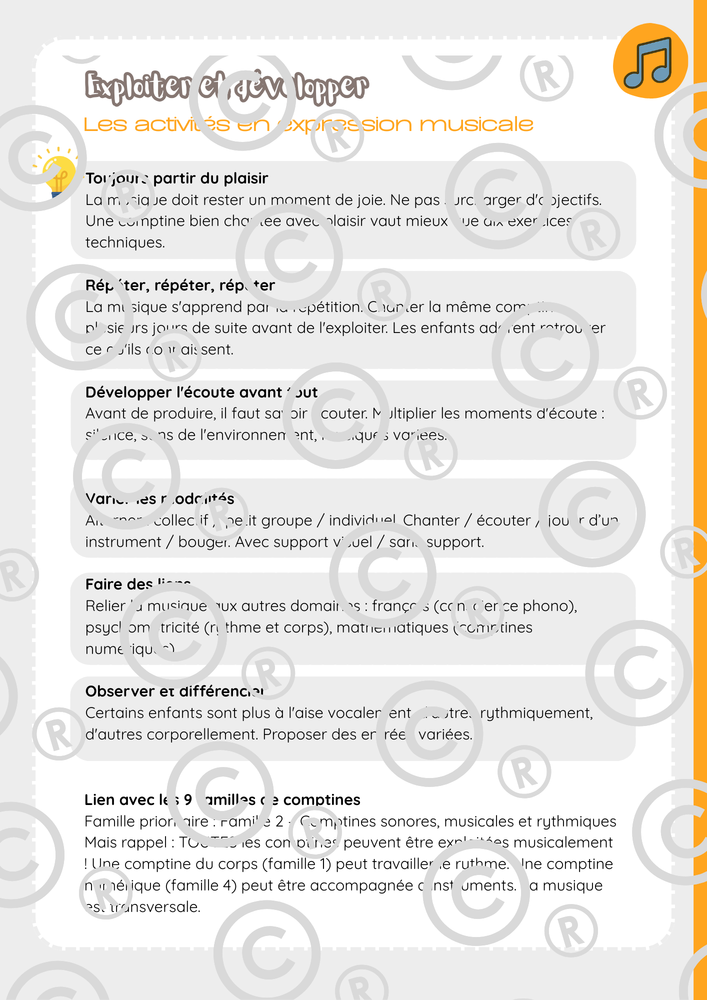 Page intérieure : Activités en expression musicale - principes pédagogiques et lien avec les 10 familles